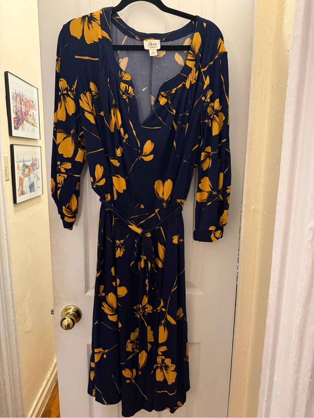 Om Collection Navy and Mustard Floral Wrap Midi Dress